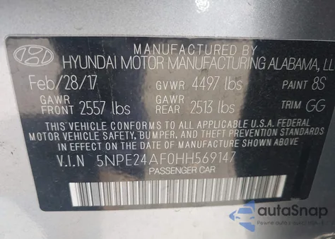 2017 Hyundai Sonata Se z USA, uszkodzony, nr VIN 5NPE24AF0HH569147